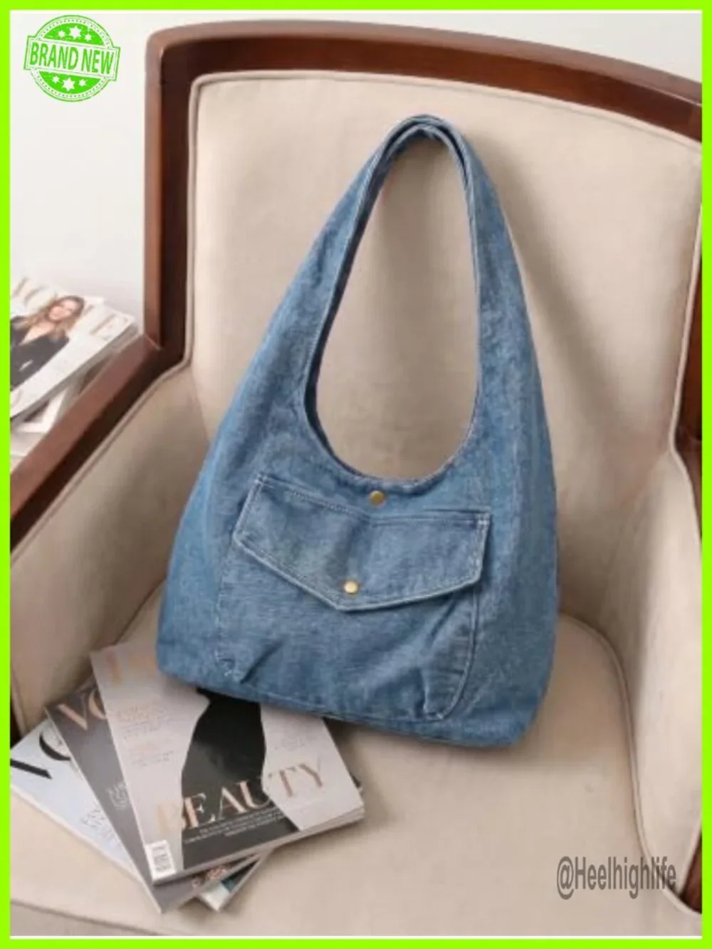 Denim Hobo Tote Bag Reversible Large Capacity Shoulder Purse